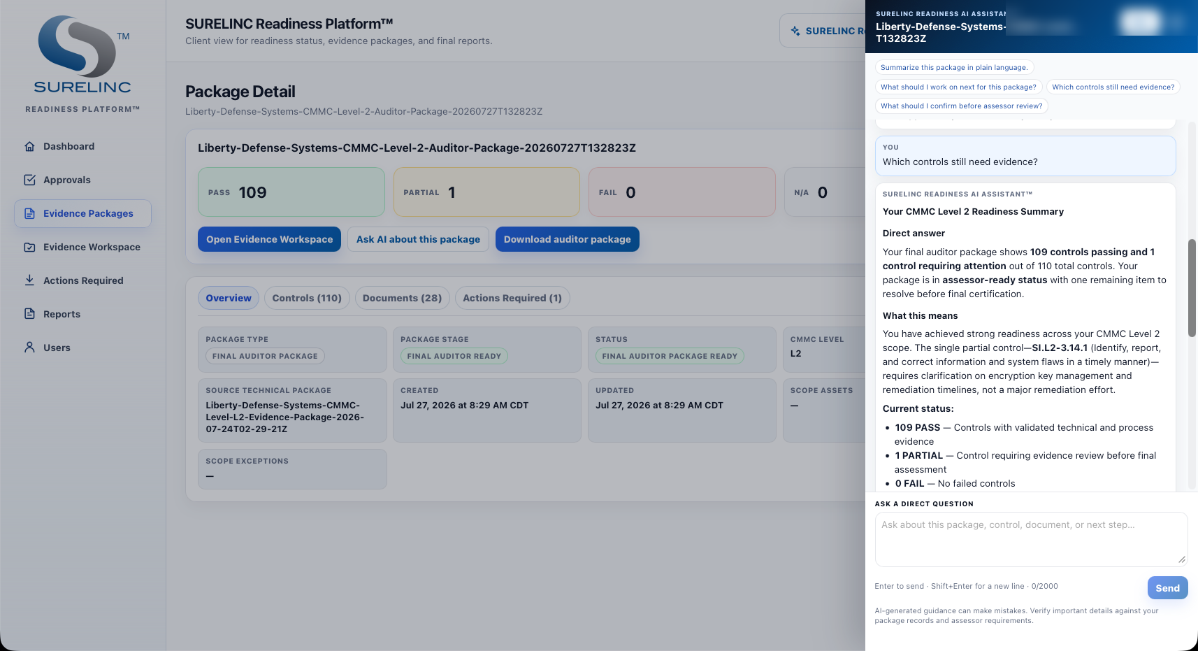 SURELINC Readiness AI Assistant analyzing package evidence